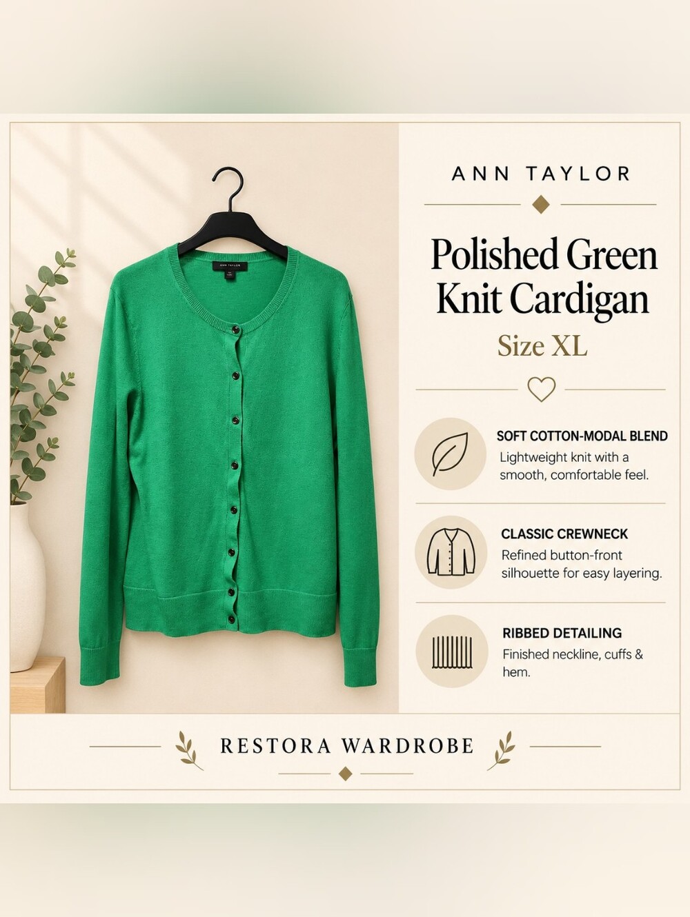 Ann Taylor Cardigan Button Front Green Cotton Modal Knit Preppy XL